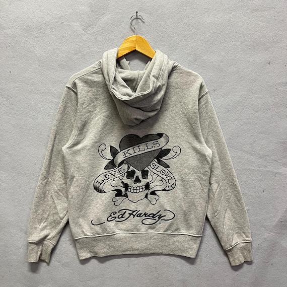 Vintage Ed Hardy “love Kills Slowly” Full Zip Hoodie – Grey – Size