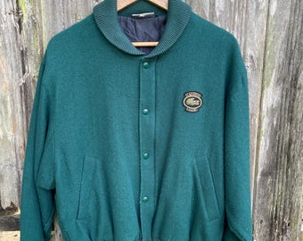 80s Vintage Men's Chemise LACOSTE Club Navy Blue Wool Bomber Size