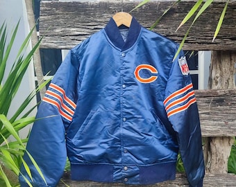 Chicago Bears NFL Football Leather Bomber Jacket - Black, Navy