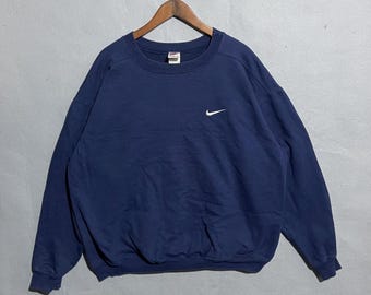 Vintage jaren 90 Nike sweatshirt met kleine swoosh ronde hals (marineblauw, gemaakt in de VS, XL)