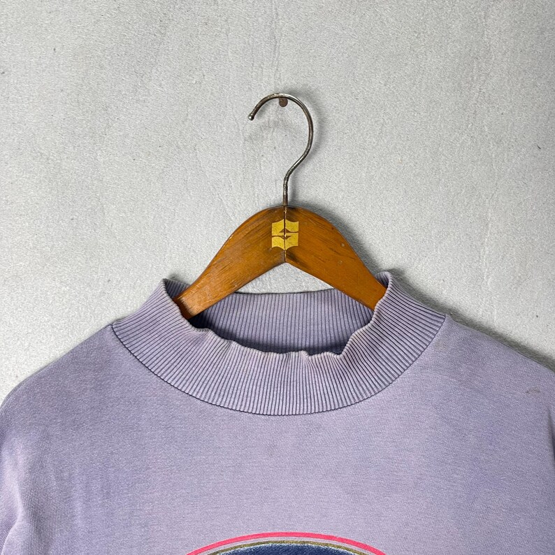 May include: A light purple sweatshirt with a ribbed mock neck and a graphic design at the bottom. The sweatshirt is hanging on a wooden hanger with a metal hook.