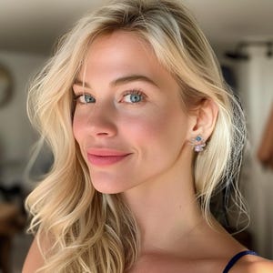 May include: A close-up portrait of a person with blonde hair and blue eyes. The person is wearing a pair of flower-shaped earrings with blue and pink accents. The earrings are the focal point of the image.