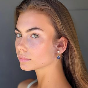 Blue Floral Pearl Earrings, Vintage Baroque Pearl Earrings, Flower Pearl Drop Earrings, Forget Me Not, Birthday Gift, gift for her