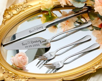 Personalized Wedding Cake Cutting Set: Engraved Stainless Steel Knife & Forks