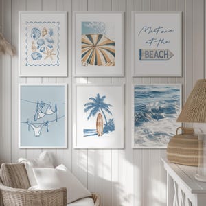 Bikini Wall Art Light Blue, Set Of 6, Blue Coastal Wall Art Prints, Beachy Decor, Meet Me At The Beach Print, Trendy Poster, Retro Poster