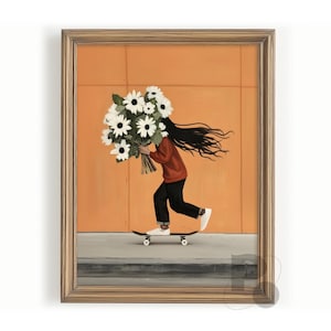 Skateboard Wall Art Girl, Skater-Mädchen mit Blumenstrauß Digital Art Print, Skate-Boarding Poster, Boho-Wanddekor, Kinderzimmer