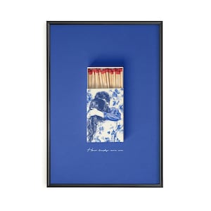 Poster boîte d&#39;allumettes indigo, oeuvre d&#39;art murale chinoise, pochette d&#39;allumettes quelle chance avons-nous, impression côtière bleu romantique, cadeau déco western rustique pour les couples