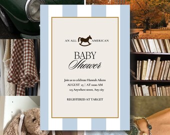 Invitación para baby shower de Ralph Lauren: Preppy Polo (Descarga digital de plantilla de Canva)