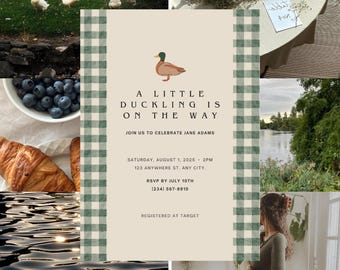 May include: A collage featuring a baby shower invitation with a duckling graphic and text. The invitation is bordered with a green and white gingham pattern. Other elements include ducks, blueberries, croissants, and a pregnant person.