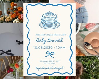 Zaproszenie na Blue Baby Brunch: Zaproszenie na baby shower w kształcie naleśnika (szablon Canva)