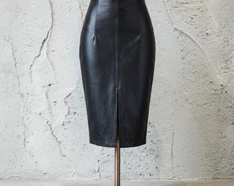 Women’s Genuine Lambskin Leather Pencil Skirt – High-Waisted Midi Skirt with Front Slit, Custom Fit