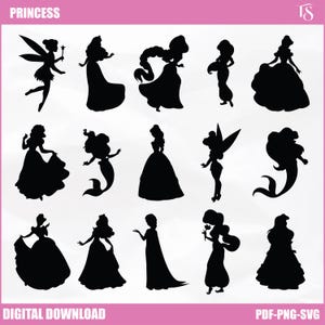 Princess Silhouette SVG Bundle: Tiana, Rapunzel, Snow White (Digital Download)