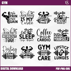 Gym SVG Bundle | Fitness Workout Quotes Clipart | No Pain No Gain Beast Mode Weightlifting Bodybuilding PNG PDF Digital Download for Cricut