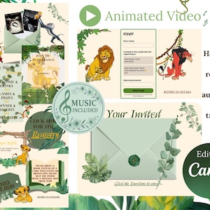 Può includere: Un modello di invito digitale a tema giungla, con personaggi di un popolare film d'animazione. Il design include opzioni video animate, monitoraggio RSVP e collegamenti a un registro. Il testo include "Baby Shower", "RSVP" e "Edit in Canva".