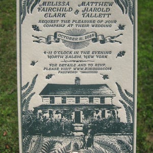 May include: A wedding invitation with a detailed illustration of a house, surrounded by fern and leaf accents. The invitation includes the names Melissa Fairchild & Clark and Matthew Harold Tallett, with the date October 2025.