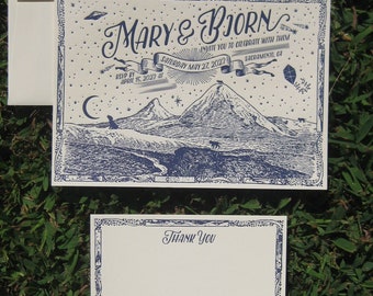 Wolves in the Mountains Letterpress Wedding Invitation Suite with Thank You Card