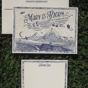Wolves in the Mountains Letterpress Wedding Invitation Suite with Thank You Card