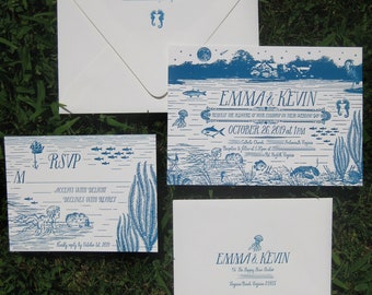 Mermaids & Sea Fauna (with Custom venue) Nautical Letterpress Wedding Invitation Suite