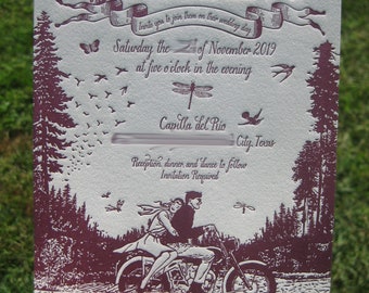 Moonlit Motorcycle Ride Letterpress Wedding Invitations