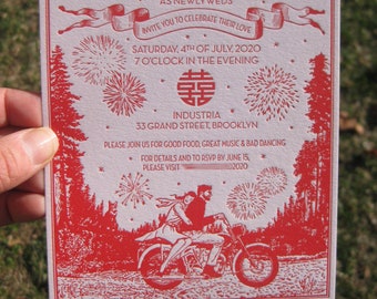 Moonlit Motorcycle Ride Letterpress Wedding Invitations