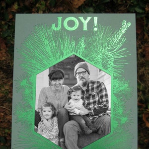 Joy! Customizable Green Foil Holiday Card (with spot for photo)