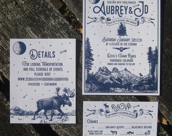 Simply Rustic with Mountains Custom Letterpress Wedding Invitation Suite