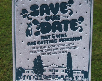 60s Vintage Letterpress Wedding Save the Date (customizable with venue)