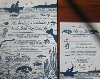 Mermaids & Sea Fauna Custom Letterpress Wedding Invitation Suite