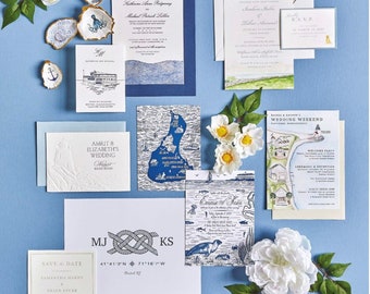 Mermaids & Sea Fauna (with Custom venue) **as seen in Engaged Magazine** Letterpress Wedding Invitation Suite