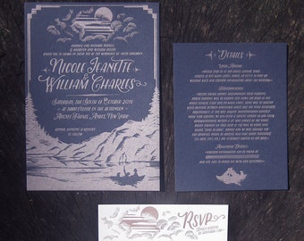 Mountain Moonlight Romance custom letterpress wedding invitation suite