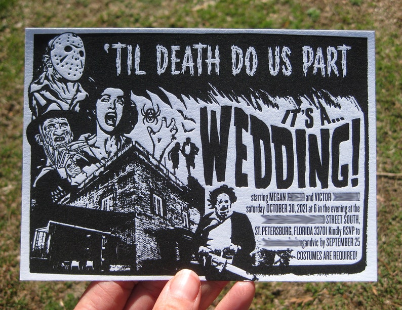 Horror Movie Poster Letterpress Wedding Invitation customizable with your favorite characters image 1