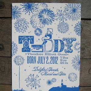 Fireworks at Night July 4th Letterpress Custom Birth Announcements image 1