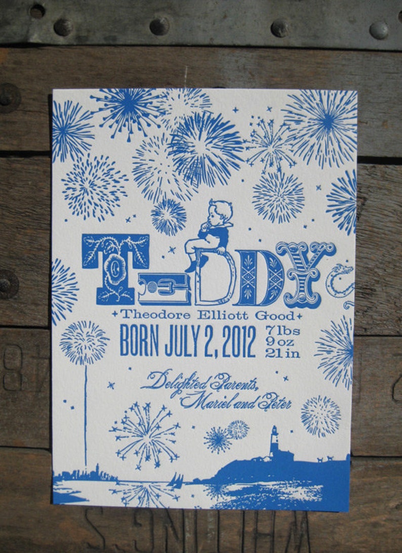 Fireworks at Night July 4th Letterpress Custom Birth Announcements image 1