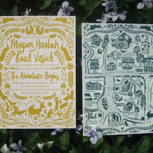 The Adventure Begins Folk Rustic Letterpress Wedding Invitation Suite as seen in Engaged Magazine image 2