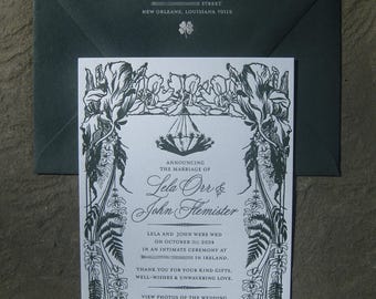 May include: A white wedding announcement card with black text and illustrations. The card features a floral border and the text "Announcing the marriage of Lela Orr & John Flemister".