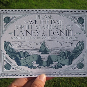 May include: A light blue and white save-the-date card with the text "PLEASE SAVE THE DATE FOR THE MARRIAGE OF LAINEY & DANIEL" and the date "OCT 4 2025". The card features a nautical design with a sailboat and ocean scene.