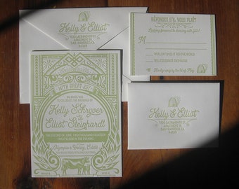 May include: A wedding invitation with a green and white design. The invitation features a beehive illustration and the text "Kelly & Elliot" with their address and the date of the wedding. The invitation also includes the text "With Great Joy" and the names of the couple, "Kelly Schryver to Elliot Steinhardt".