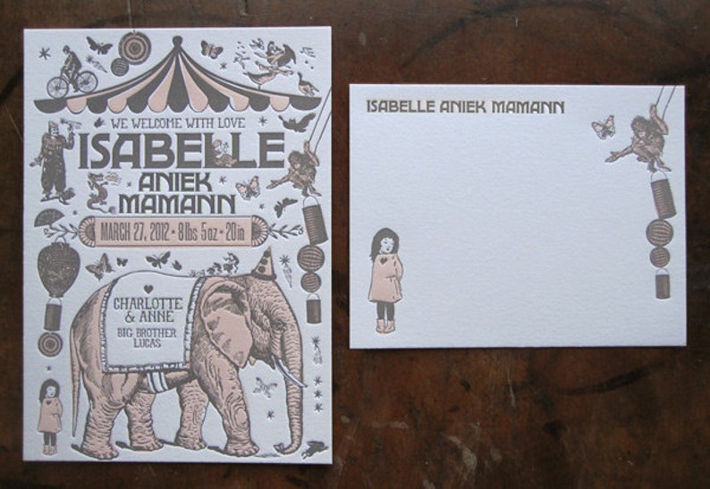 Vintage Circus Custom Letterpress Birth Announcement & Thank You Card Suite image 3