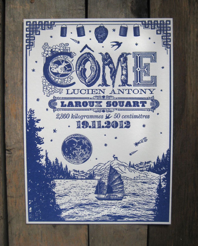 Nightime Sail Custom Letterpress Birth Announcements
