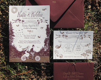 Moonlit Bike Ride Letterpress Wedding Invitation Suite