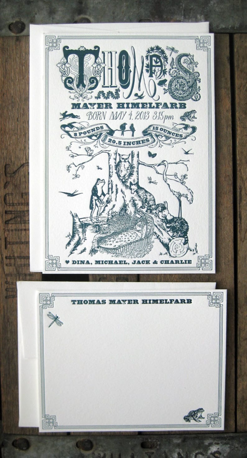 Forest Fauna Gathering Letterpress Birth Announcement /& Thank You Note Suite