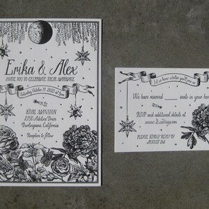 May include: Black and white wedding invitation with floral and star designs. The invitation reads "Erika & Alex Invite you to celebrate their marriage Saturday October 14, 2023 at 7pm Koil Mansion 2750 Adeline Drive Burlingame, California Reception to follow Let us know whether you'll join us We have reserved seats in your honor RSVP and additional details at PLEASE KINDLY REPLY BY AUGUST 1st"
