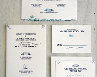 May include: Wedding invitation suite with a nautical theme. The invitation features a blue and white illustration of a ship and waves. The RSVP card has a blue and white illustration of a horse and the text "April 9". The thank you card has a blue and white illustration of a house and the text "Thank You".