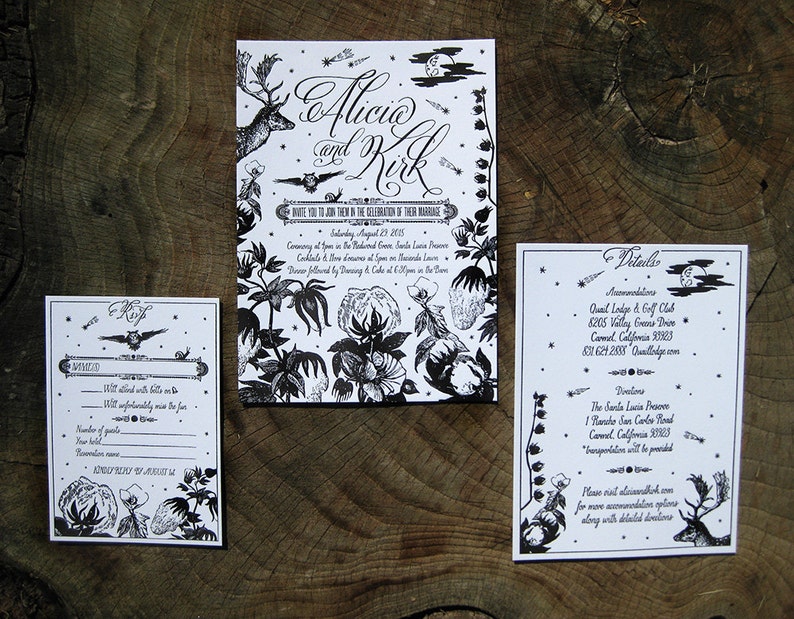 Nighttime in Nature Custom Letterpress Wedding Invitation Suite image 1