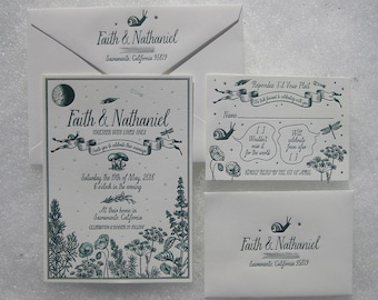 May include: A wedding invitation suite with a whimsical forest theme. The invitation features a moon, stars, and a dragonfly. The RSVP card has a snail and a dragonfly. The text on the invitation reads "Faith & Nathaniel, Together with loved ones, invite you to celebrate their marriage, Saturday the 19th of May, 2018, 6 o'clock in the evening, At their home in Sacramento, California, Celebration & Dinner to follow". The RSVP card text reads "Réponder S'il Vous Plait, We look forward to celebrating with you, Name, [] Wouldn't miss it for the world, Will celebrate from afar [], Kindly reply by the 1st of April".