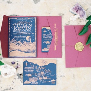 Mystical Mountains Custom Letterpress Wedding Invitation Suite with Custom Map