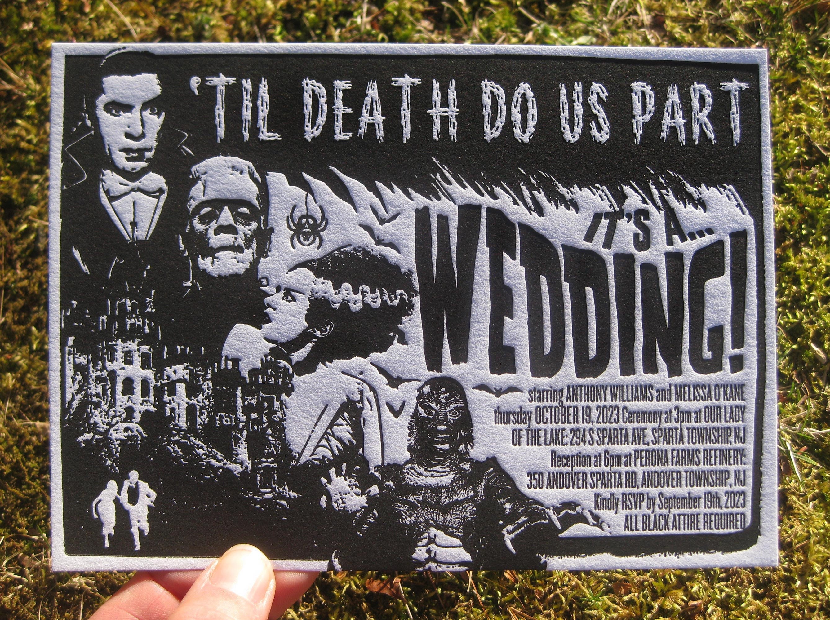 Vintage Horror Movie Poster Letterpress Wedding Invitation (customizable with your favorite characters!)