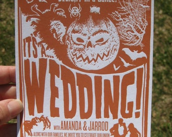 Retro Halloween Sci-fi Letterpress Wedding Invitations