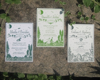 May include: Three wedding invitations with a woodland theme. Each invitation features a moon, stars, and a dragonfly. The invitations are printed on white cardstock with green ink. The text on the invitations includes the names of the couples, the date and time of the wedding, and the location.