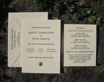 May include: A wedding invitation with a cream background and black text. The invitation announces the wedding of Quincy Darbyshire and Peter Martin, taking place on Saturday, 2014, at four o'clock PM at Pocono Lake Preserve in PA. The invitation includes details about the wedding weekend events, including a welcome dinner, wedding day lunch, and farewell breakfast. It also includes information about RSVP and accommodations.
